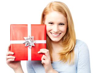 Young Woman Holding a Red Gift Box