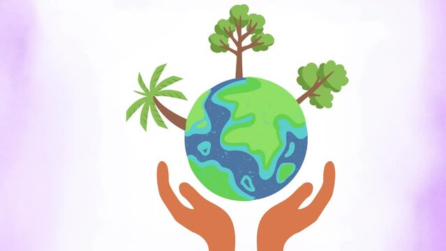 Motion Graphics Animated Video Happy Earth Day.Animation with images of earth, hands, plants and clouds. Happy Earth Day