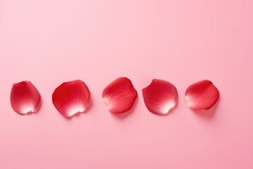 Scattered red rose petals on a smooth pink background symbolizing romance and love.