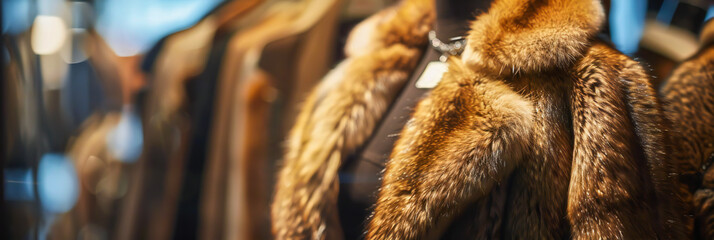 A luxurious fur coat, its texture rich and inviting, displayed on a chic mannequin - obrazy, fototapety, plakaty