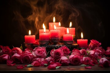 Luminous White roses burning candles. Light flame dark. Generate Ai