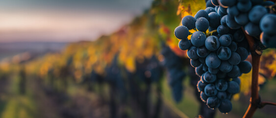 Ripe blue grapes on vine with golden sunset light in a vineyard. Golden hour: serene autumn vineyard with ripe grapes at sunset in the rural countryside - obrazy, fototapety, plakaty