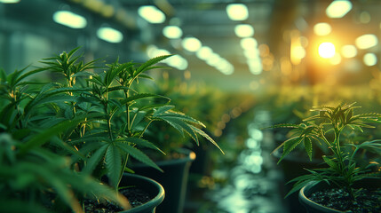 Rows of young cannabis plants bask in the warm sunset glow inside a modern indoor farming facility..