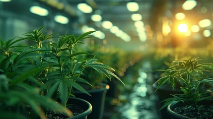 Fotobehang Rows of young cannabis plants bask in the warm sunset glow inside a modern indoor farming facility.. © Varunee