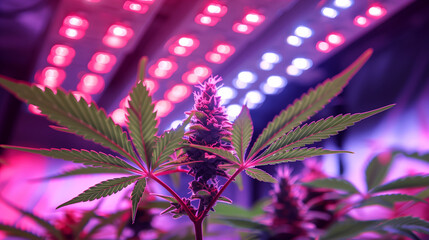 Cannabis plant growing in greenhouse, illuminated by vibrant LED grow lights.
