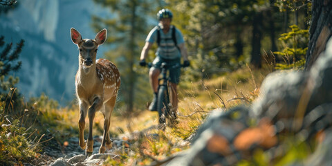 Naklejka premium Mountain biker crossing paths with a deer in a lush forest with majestic mountain range in the distance