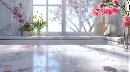 a quartz countertop up close, adorned with veins and specks of light pink, set against a blurred background featuring a picturesque window displaying a sunny day and spring flowers.
