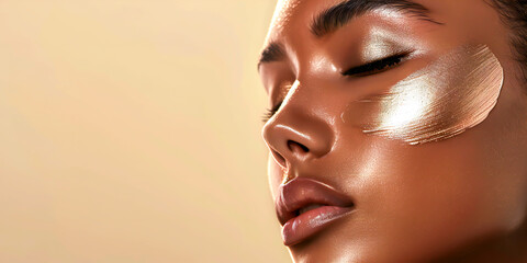 A luxurious skincare product glides across a models face, leaving behind a radiant glow. , advertising style, copy space,