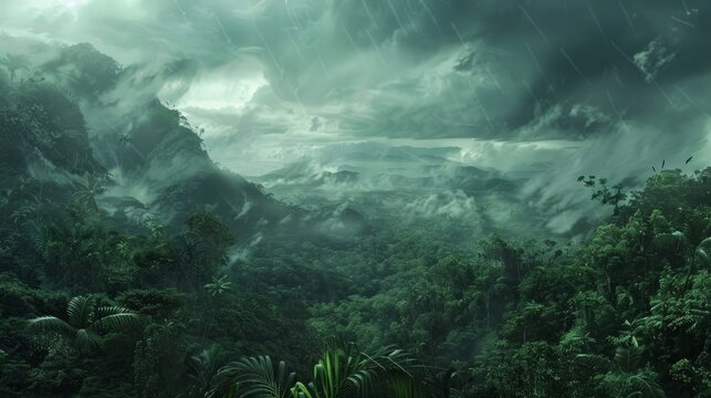Image of clouds in tropical weather in Peruvian Jungle. Amazon rain forest weather. Overcast sky closed to rain.