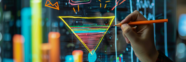 A marketer drawing a diagram of a sales funnel on a glass wall, symbolizing the process of converting leads into customers in client-centric marketing - obrazy, fototapety, plakaty