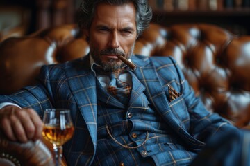 A man in formal attire sits, glass of wine in hand and cigar