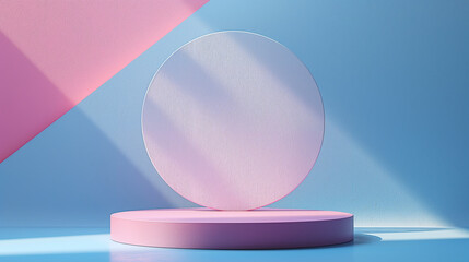 Podium, stage with pastel blue and pink gradients for product display.