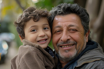 Warm and genuine smiles shared between a senior man and his young grandson in casual wear
