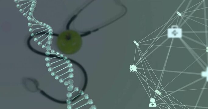 Animation of dna strand and network of connections with icons over stethoscope