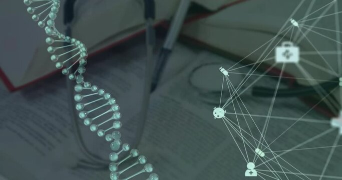 Animation of dna strand and network of connections with icons over stethoscope