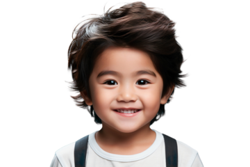 Close-up portrait of a cute happy Asian little kid smiling and looking at the camera, isolated on transparent background