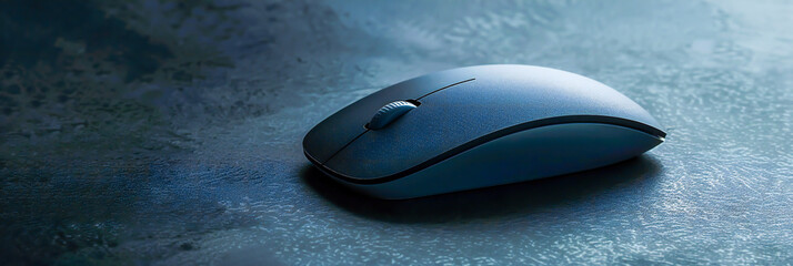 A modern, wireless mouse with a smooth, ergonomic design, placed on a sleek, black surface that enhances its futuristic look.
