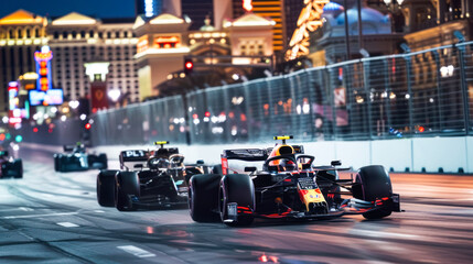 F1 race car speeding on a night city track. super car on asphalt road, background banner or...