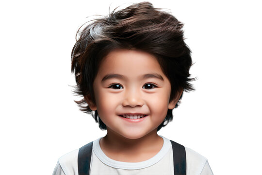 Close-up portrait of a cute happy Asian little kid smiling and looking at the camera, isolated on transparent background