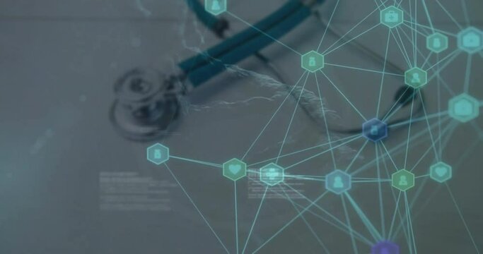 Animation of network of connections with icons over stethoscope