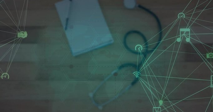 Animation of network of connections with icons over stethoscope