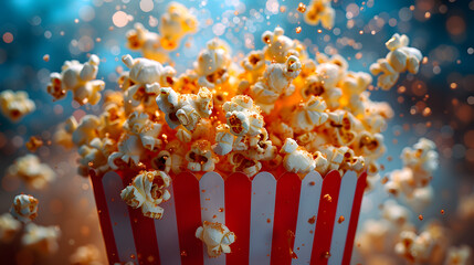 Exploding popcorn in a striped red and white container. Dynamic close-up shot with a cinematic and entertainment concept for movie night promotions and snack advertisements