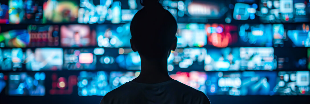 a person looking at a screen filled with targeted ads, symbolizing privacy concerns related to AI and data collection.