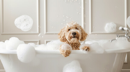 Bathing of the cute poodle. Happy dog taking a bubble bath with his paws up on the rim of the tub....