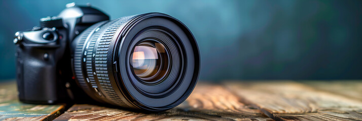 A professional camera with a zoom lens on a wooden table. Copy space.