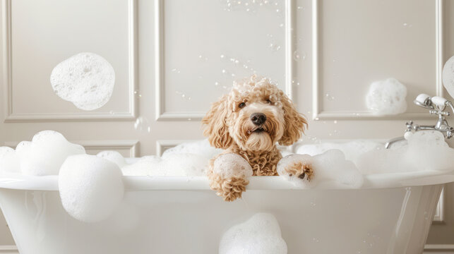 Bathing of the cute poodle. Happy dog taking a bubble bath with his paws up on the rim of the tub. Showering of happy poodle at grooming salon. beauty treatment