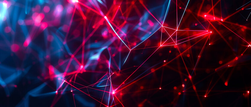 Elevate your designs with this abstract space-themed illustration. Featuring glowing particles, dots, and lines against an ultra-wide blue red neon purple gradient background. For various projects