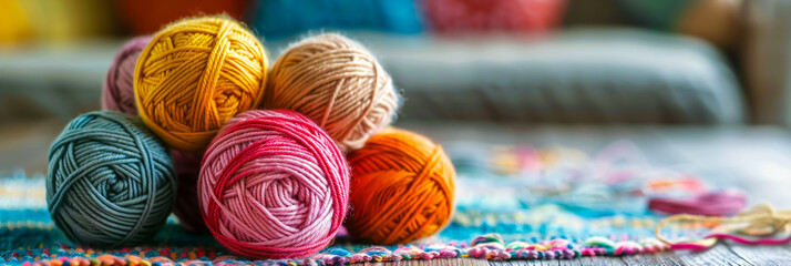 A set of colorful yarn balls arranged on a crafting table, ready for a knitting project - obrazy, fototapety, plakaty