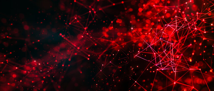 Abstract background with glowing particles, dots and lines in space. Ultra wide red cherry burgundy ruby gradient gradient background. For design, banners, wallpapers, templates, projects, desktop
