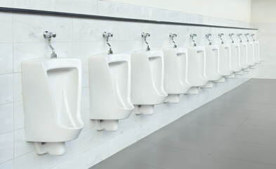 Urinal or sanitary ware. That provided on public wall of toilets for male. Users usually used in a standing position. Manual push urinal flush valve included