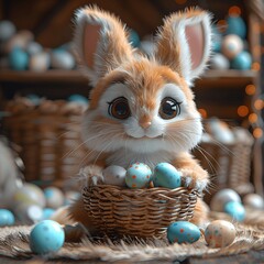 Festive bunny with a basket of bright Easter eggs.