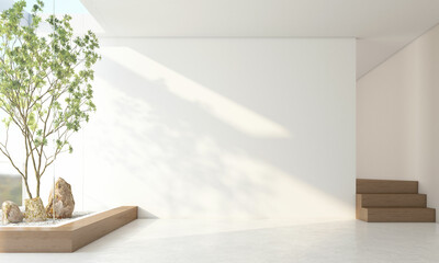 Morning light and indoor garden in a modern Japanese-style empty room with wooden stairs and white wall. Polished concrete floor. 3D rendering