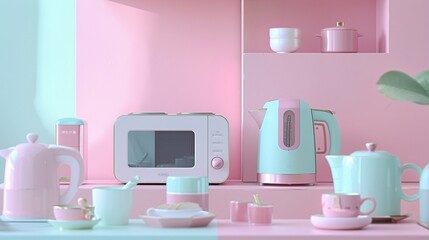 Imagine a video advertisement showcasing a minimalist, pastel-toned kitchen appliance set, featuring sleek toaster ovens, coffee makers, and electric kettles