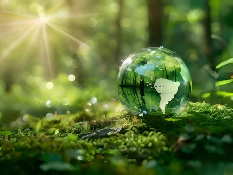  Glass globe in forest, Concept Save the world and save environment, earth day concept, generative ai