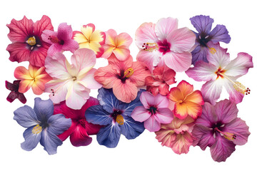 A vibrant array of tropical flowers, such as hibiscus and plumeria, arranged on a stark white canvas.