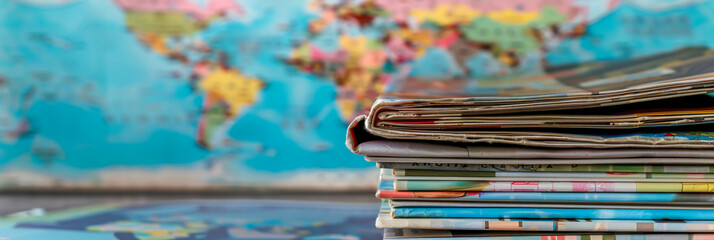 A stack of travel magazines with a world map in the background, inspiring wanderlust - obrazy, fototapety, plakaty