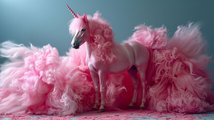 Majestic pink unicorn with flowing mane on a dreamy background, fantasy concept.