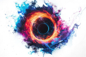 black hole surrounded by swirling gas and dust, with distorted space-time, against a white background, conveying the mysterious and awe-inspiring nature of these cosmic phenomena.