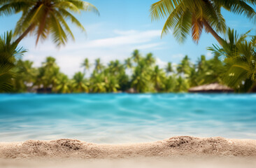 Countertop backdrop featuring a sandy beach with warm turquoise waters and swaying palm trees, perfect for product displays or text overlays. Evokes a tranquil and tropical atmosphere, ideal for promo