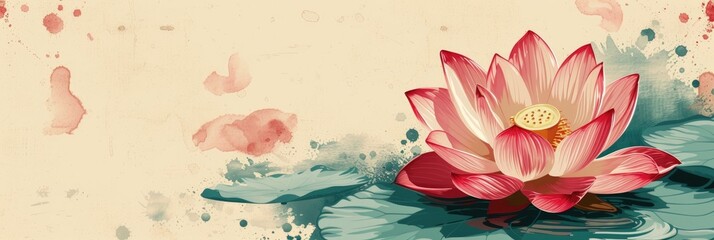 Watercolor illustration of beautiful lotus flower sitting on leaves, design for banner, poster, card and background