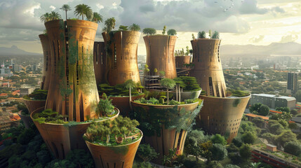 An aerial view of a series of baobab inspired water towers within an urban renewal project their forms providing a stark - obrazy, fototapety, plakaty
