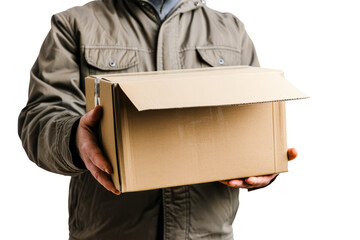professionalism of a courier service holding a box without a label on a white background.