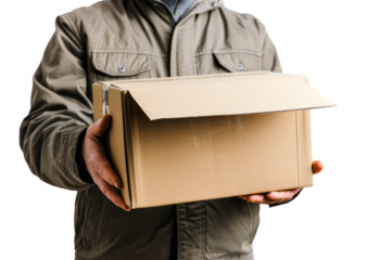 professionalism of a courier service holding a box without a label on a white background.