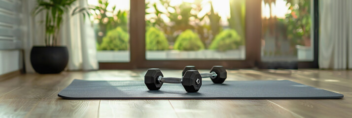 A yoga mat and a set of dumbbells in a home workout space. Copy space. - obrazy, fototapety, plakaty