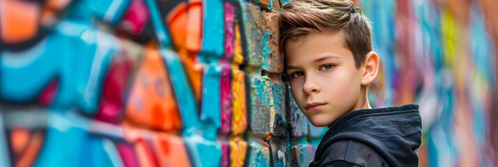 a young boy standing against a graffiti wall, looking defiant. The image captures the issue of youth rebellion.