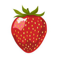 Obraz premium Juicy red single strawberry with leaves. Isolated vector. Summer clipart for flat design